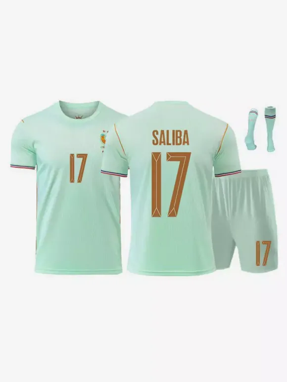 Maillot de football extérieur de l'équipe de France 2026 manches courtes ensemble 3 pièces pour adultes et enfants : n° 12 Barcola n° 17 Saliba n° 18 Zaïre-Emery