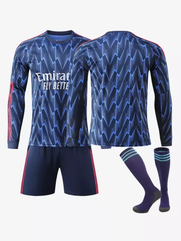 Maillot extérieur de football 25/26 à manches longues pour adultes et enfants ensemble 3 pièces bleu foncé personnalisé