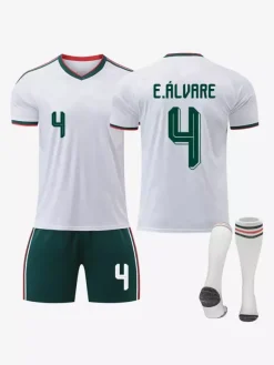 Maillot extérieur 3 pièces de l'équipe nationale de football du Mexique année 2026 pour adultes et enfants : Raul (n° 11) et Jimenez (n° 22).
