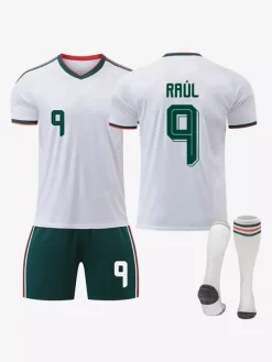 Maillot extérieur 3 pièces de l'équipe nationale de football du Mexique année 2026 pour adultes et enfants : Raul (n° 11) et Jimenez (n° 22).
