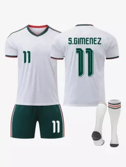Maillot extérieur 3 pièces de l'équipe nationale de football du Mexique année 2026 pour adultes et enfants : Raul (n° 11) et Jimenez (n° 22).