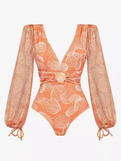 Maillots de bain bleus chics à lacets col en V manches longues bouffantes