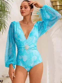 Maillots de bain bleus chics à lacets col en V manches longues bouffantes