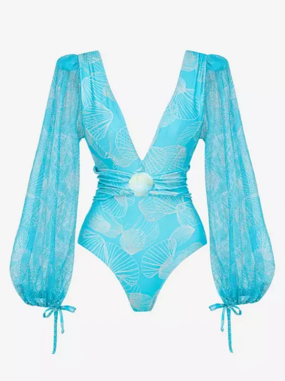 Maillots de bain bleus chics à lacets col en V manches longues bouffantes