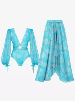 Maillots de bain bleus chics à lacets col en V manches longues bouffantes