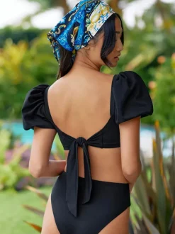 Maillots De Bain Deux Pièces Femmes Noirs Manches Courtes À Lacets Plage Été