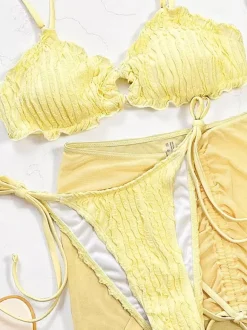 Maillots de bain paréos vêtements pour femmes ensemble maillot de bain jaune sexy à lacets dos nu bretelles décolleté