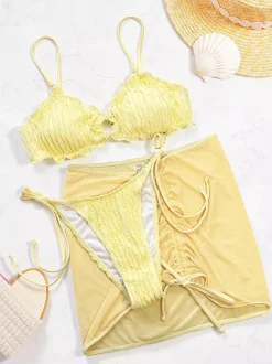 Maillots de bain paréos vêtements pour femmes ensemble maillot de bain jaune sexy à lacets dos nu bretelles décolleté