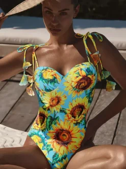 Maillots de bain paréos vêtements pour femmes ensemble maillot de bain jaune à imprimé floral rétro bretelles décolleté