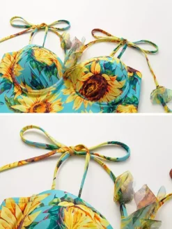 Maillots de bain paréos vêtements pour femmes ensemble maillot de bain jaune à imprimé floral rétro bretelles décolleté