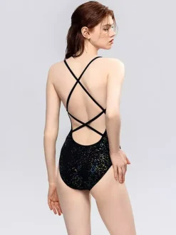 Maillots de bain une pièce pour femmes noirs et argentés maillots de bain sexy d'été