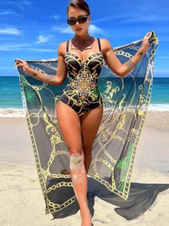 Maillots De Bain Une Pièce Femmes Imprimé Noir Col En V Été Sexy