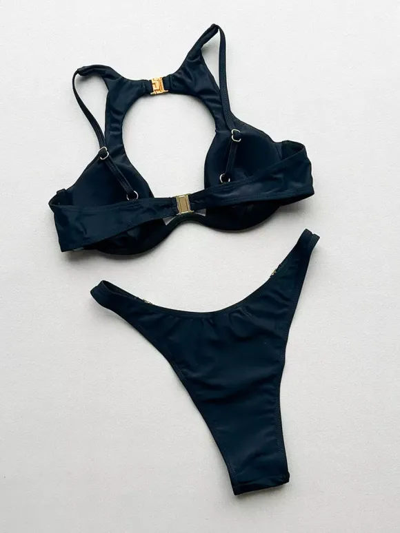 Maillots de bain deux pièces pour femmes détails métalliques noirs taille naturelle maillots de bain d'été sexy