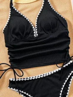 Maillots de bain deux pièces pour femmes noirs bicolores à découpes dos nu pour l'été plage