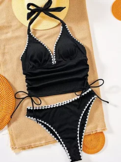 Maillots de bain deux pièces pour femmes noirs bicolores à découpes dos nu pour l'été plage