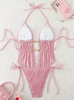 Maillots de bain deux pièces pour femmes roses à lacets maillots de bain sexy d'été