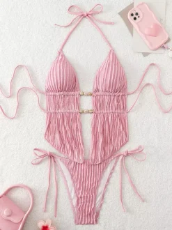 Maillots de bain deux pièces pour femmes roses à lacets maillots de bain sexy d'été
