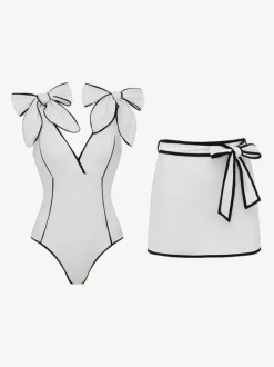 Maillots de bain paréos vêtements pour femmes ensemble maillot de bain blanc sexy à n艙uds col en V sans manches