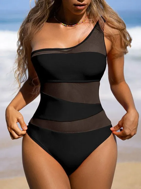 Maillots De Bain Une Pièce Orange Passepoil Une Épaule Nue Été Sexy Maillots De Bain