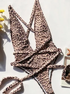 Maillots De Bain Une Pièce Pour Femmes Café Marron Imprimé Léopard Volants Col En V Dos Nu Été Plage