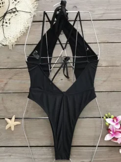 Maillots de bain une pièce pour femmes noirs à découpes dos nu et bretelles croisées parfaits pour l'été et la plage
