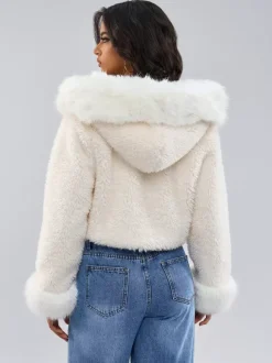 Manteau à capuche en fausse fourrure en blanc Veste courte d'hiver écologique pour femme 2026