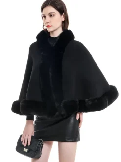 Manteau Cape Court Femme en Fausse Fourrure Synthétique avec Manches Longues Manteau Femme Cape Femme