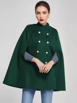Manteau cape en laine pour femme col montant bleu marine foncé poncho d'hiver à double boutonnage vêtements d'extérieur 2026