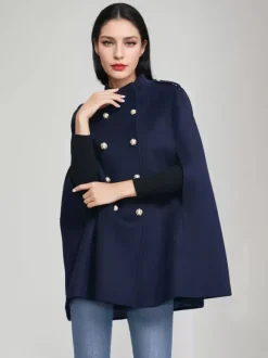 Manteau cape en laine pour femme col montant bleu marine foncé poncho d'hiver à double boutonnage vêtements d'extérieur 2026