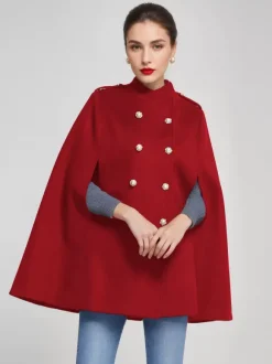 Manteau cape en laine pour femme col montant bleu marine foncé poncho d'hiver à double boutonnage vêtements d'extérieur 2026