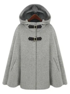 Manteau Cape Femme à Capuche avec Poches avec Boucles Unicolore Grande Taille Manteau Femme