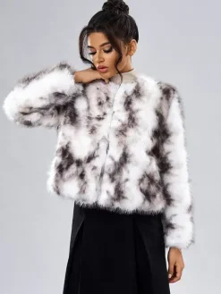 Manteau Court Col Rond En Fausse Fourrure Veste Décontractée Blanc Femme