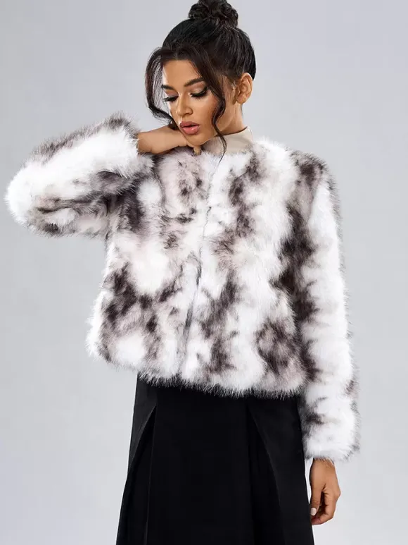 Manteau Court Col Rond En Fausse Fourrure Veste Décontractée Blanc Femme