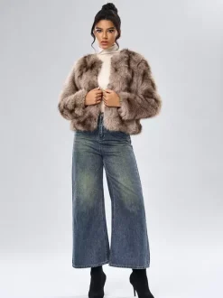 Manteau Court Col Rond En Fausse Fourrure Veste Décontractée Blanc Femme