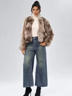 Manteau Court Col Rond En Fausse Fourrure Veste Décontractée Blanc Femme