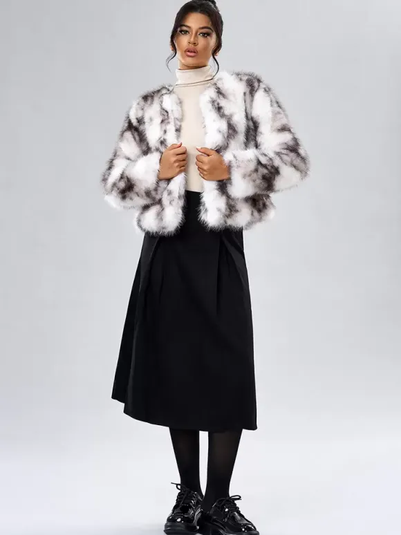 Manteau Court Col Rond En Fausse Fourrure Veste Décontractée Blanc Femme