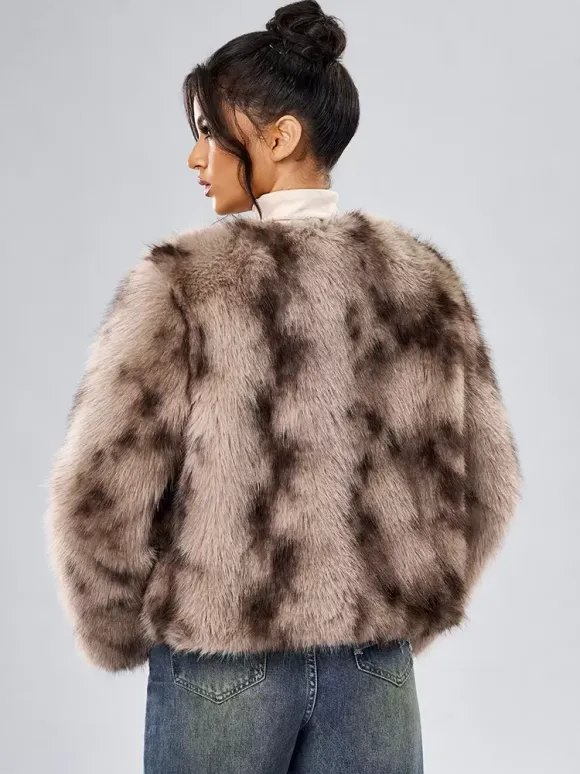 Manteau Court Col Rond En Fausse Fourrure Veste Décontractée Blanc Femme