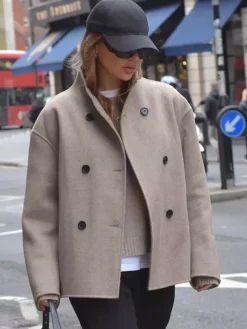 Manteau court croisé pour femme - Vêtement d'extérieur minimaliste à col montant et coupe carrée - Style streetwear printemps 2026 esthétique riche et classique