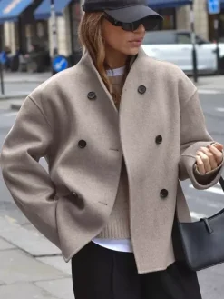 Manteau court croisé pour femme - Vêtement d'extérieur minimaliste à col montant et coupe carrée - Style streetwear printemps 2026 esthétique riche et classique