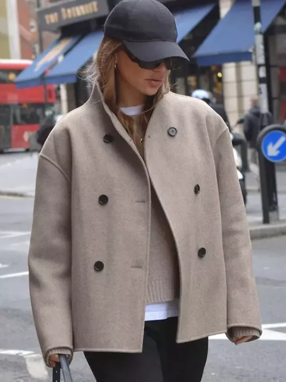 Manteau court croisé pour femme - Vêtement d'extérieur minimaliste à col montant et coupe carrée - Style streetwear printemps 2026 esthétique riche et classique