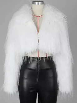 Manteau court en fausse fourrure à franges et col en V pour femme 2026