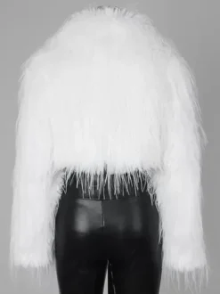 Manteau court en fausse fourrure à franges et col en V pour femme 2026