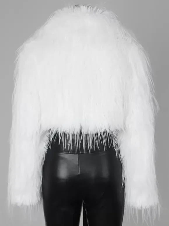 Manteau court en fausse fourrure à franges et col en V pour femme 2026