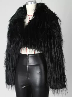 Manteau court en fausse fourrure à franges et col en V pour femme 2026