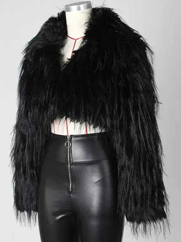 Manteau court en fausse fourrure à franges et col en V pour femme 2026
