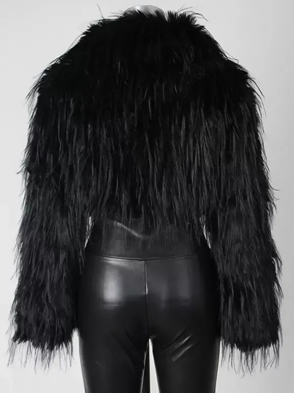 Manteau court en fausse fourrure à franges et col en V pour femme 2026