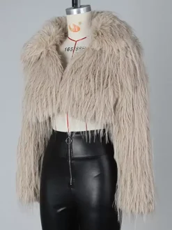 Manteau court en fausse fourrure à franges et col en V pour femme 2026
