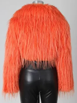 Manteau court en fausse fourrure à franges et col en V pour femme 2026