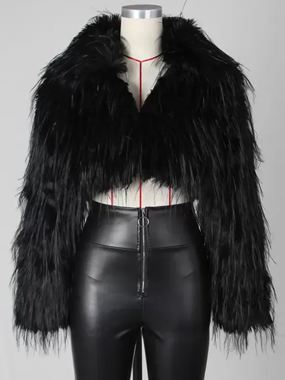 Manteau court en fausse fourrure à franges et col en V pour femme 2026
