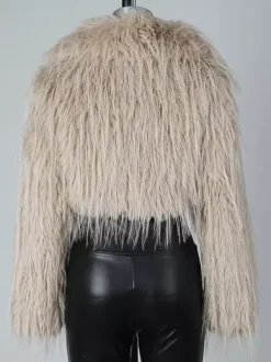 Manteau court en fausse fourrure à franges et col en V pour femme 2026